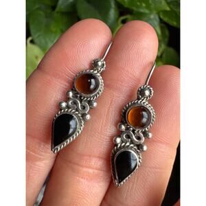 Vintage CARSI Taxco Signed TC-57 Sterling Amber Onyx Earrings Pierced 925